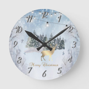 Horloge Ronde Rindeer d'or, Forêt, Lumières à cordes Paysage