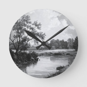 Horloge Ronde Rivière élégante en noir et blanc avec arbre