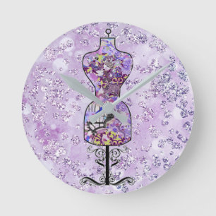 Horloge Ronde Robe forme Bokeh Bling Floral Violet
