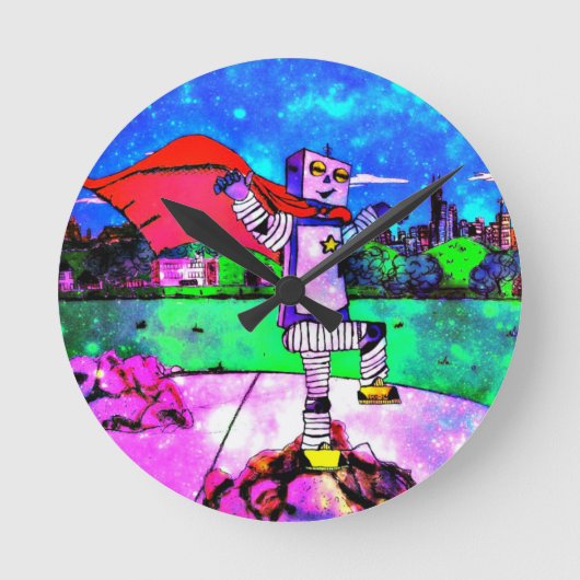 Horloge Ronde Robot Superhero de style comique de l'espace extra (Recto)