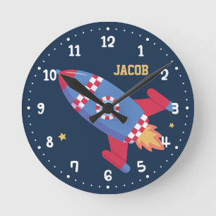 Horloge Ronde Rocket Ship Checkered, Outer Space,