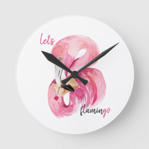 Horloge Ronde Rose exotique moderne Flamant rose Aquarelle