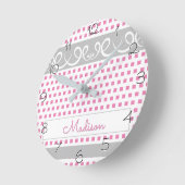 Horloge Ronde Rose Féminin à pois et tourbillons avec nom (Angle)