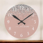 Horloge Ronde Rose Gold Blush Pink Silver Glitter Monogram Girly<br><div class="desc">Rose Gold Blush Pink and Silver Sparkle Glitter Brushed Script Monogram Name Clock. This makes the perfect sweet 16 birthday,  wedding,  bridal shower,  anniversary,  baby shower or bachelorette party gift for someone that loves glam luxury and chic styles.</div>