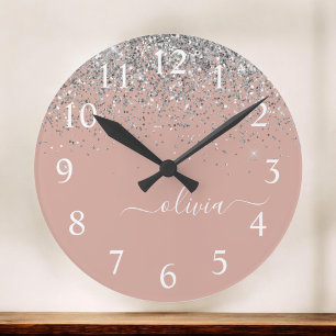 Horloge Ronde Rose Gold Blush Pink Silver Glitter Monogram Girly
