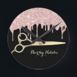Horloge Ronde Rose Gold Glitter Drips Gold Scissor Hair Salon<br><div class="desc">Rose Gold Glitter Drips Gold Scissor Hair Salon Clocks.</div>