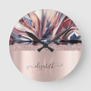 Horloge Ronde Rose Gold Moderne Pailleté Monogramme Abstrait