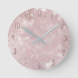 Horloge Ronde Rose Gold Rose Botanique Feuilles De Palmier Tropi