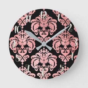 Horloge Ronde Rose Gold Rose & Noir Damask Moderne Personnalisé