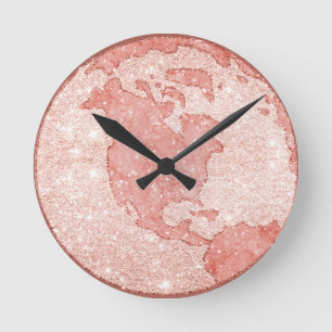 Horloge Ronde Rose métallique Gold Parties scintillant Pink Mar