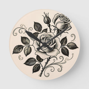 Horloge Ronde Rose noire classique vintage botanique en fleurs
