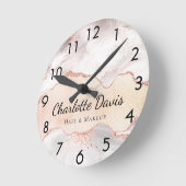 Horloge Ronde Rose or agate marbre nom entreprise (Angle)