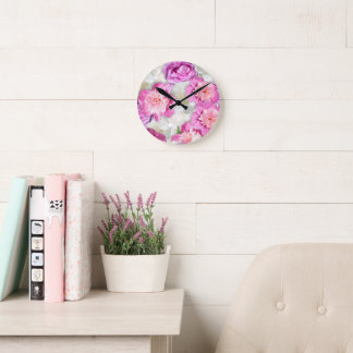Horloge Ronde Rose Pivoine Blanche - Floral Romantique