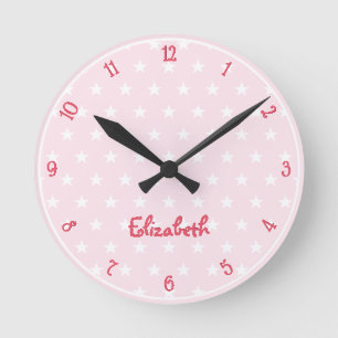 Horloge Ronde Rose White Stars Nom personnalisé Filles Salle Nur