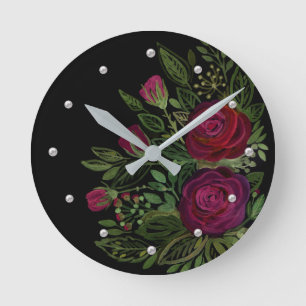 Horloge Ronde Roses aquarelle, sur un arrière - plan noir, aquar