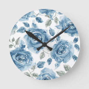 Horloge Ronde Roses Bleues Fleurs Botaniques Aquarelle Floral