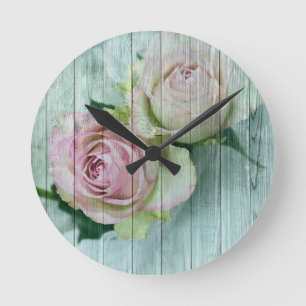 Horloge Ronde Roses Chic Rose Shabby Sur Bois Bleu