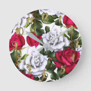Horloge Ronde Roses rouges et blanches Shabby Chic Rustique Glam
