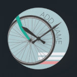Horloge Ronde Roue de vélo Hipster avec nom personnalisé<br><div class="desc">A retro cycle with a blue and teal background. If you are a cyclist or love to ride bikes,  this is for you!</div>