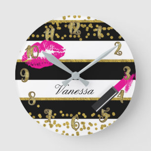 Horloge Ronde Rouge à lèvres Lèvres roses Or Glamour Glam Chic