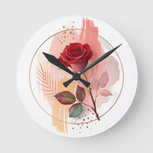 Horloge Ronde Rouge Éternel : Une Rose Moderne en Harmonie Abstr