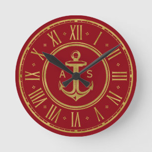 Horloge Ronde Rouge nautique d'or classique de l'Ancre  