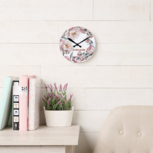 Horloge Ronde Rouge Navy Bleu Douce Pastel Rose Floral