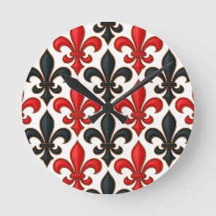 Horloge Ronde Rouge noir baroque Fleur de lis Motif Design