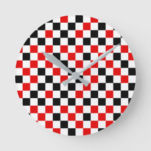 Horloge Ronde Rouge Noir et Blanc Carreaux