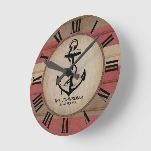 Horloge Ronde Rouge rustique & Brown Nautique Stripes & Ancre Ro (Angle)