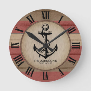 Horloge Ronde Rouge rustique & Brown Nautique Stripes & Ancre Ro