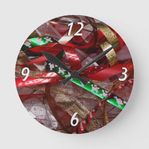 Horloge Ronde Rubans de Noël Rouge Vert et Or Fêtes
