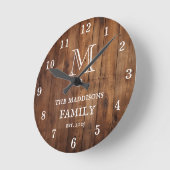 Horloge Ronde Rustic Brown Wood Custom Family Monogram and Name (Angle)