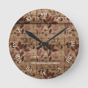 Horloge Ronde Rustic Brown Wooden Fall Pattern Family Name 
