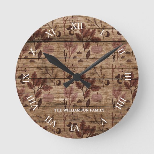 Horloge Ronde Rustic Brown Wooden Fall Pattern Family Name (Recto)