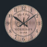 Horloge Ronde Rustic Personnalisé Mariage Nouveaux mariés<br><div class="desc">Une grange moderne rustique arceau en bois mariage monogrammed horloge murale avec date établi et nom marié.</div>