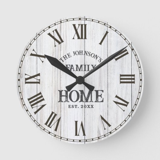 Horloge Ronde Rustic White Woodgrain Family Name (Recto)