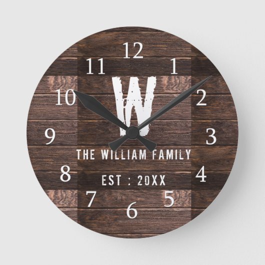 Horloge Ronde Rustic Wood Monogrammé Nom de famille (Recto)