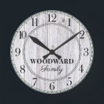 Horloge Ronde Rustic Wood Nom de famille personnalisé<br><div class="desc">Une grange moderne rustique blanc lavé à la grange en bois monogrammed nom de famille horloge murale. Idéal pour votre maison ou cabine de style rustique ou agricole.</div>