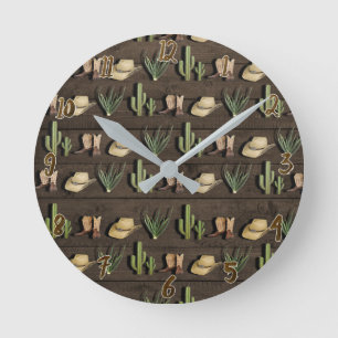 Horloge Ronde Rustique Cowboy Western Rodeo Wooden