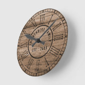 Horloge Ronde Rustique Grange Bois Ferme Noir chiffres romains (Angle)