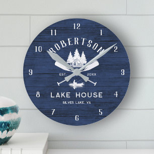 Horloge Ronde Rustique Marine Bleu Bois Famille Lac Maison Arbre