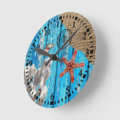Horloge Ronde Rustique Nautique Bleu Burlap Starfish (Angle)