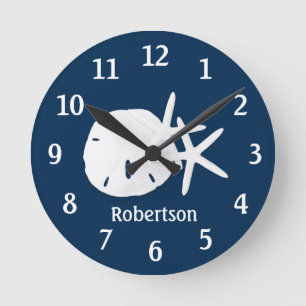 Horloge Ronde Sable Dollar Starfish Côtier Marine Bleu Personnal