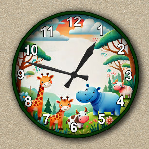 Horloge Ronde Safari Animaux Personnalisable pour Enfants
