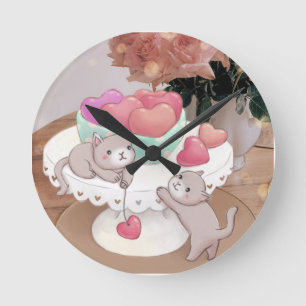 Horloge Ronde Saint-Valentin : Chats, Coeurs Coeurs Cookies & Fl