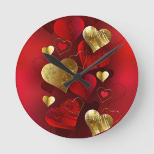 Horloge Ronde Saint-Valentin dorés et rouges