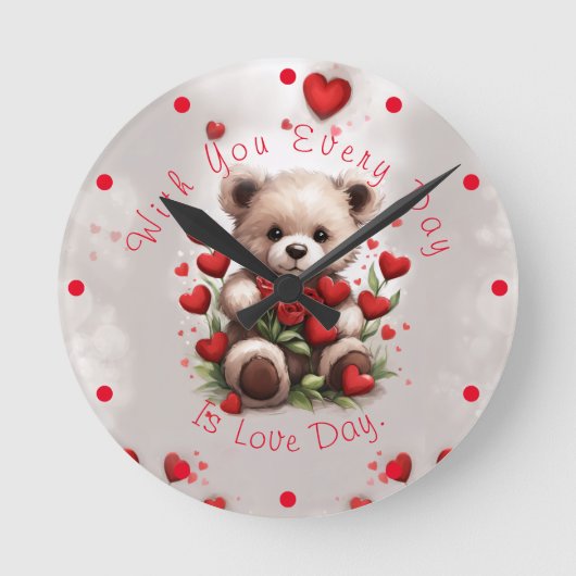 Horloge Ronde Saint Valentin mignonne Teddy avec Roses rouges &  (Recto)