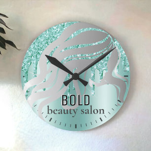 Horloge Ronde Salon de beauté Nom Argent + Aqua Bleu Parties sc