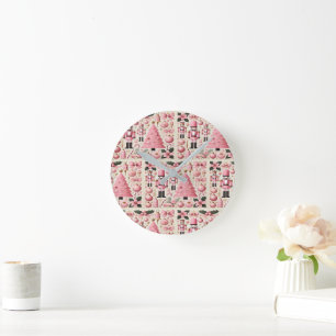 Horloge Ronde Sapin de Noël Casse-Noisette Rose